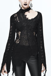 Pull gothique pour femme en laine noire asymétrique avec dentelle, empiècement en maille rose, poitrine ajourée et ourlet appliqué